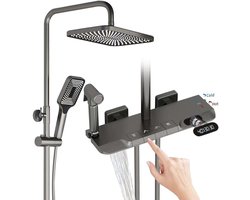 Duschsystem mit Thermostat, Wandmontiertes Duschset mit LED-Digitalanzeige, 35x22cm Duschkopf, Handbrause 3 Strahlarten, 360-Grad-Badewannen- und Bidet-Sprühgerät, Höhenverstellbare DuschstangeGrau
