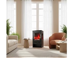 Electric Fireplace Ganeey Horizon with LED Flames, Wi-Fi Remote, Adjustable Thermostat, 900W/1800W Heating, Panorama Window & Timer – Modern Freestanding Electric Heater