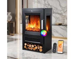 Elektrische Open Haard Vrijstaand – 1800W Verwarming, Panorama-Kijkvenster, 9 LED Vlameffecten, 7 Kleuren, Timer & Afstandsbediening, Wifi-App, Thermostaat – Modern Zwart Gietijzer Design MedaHomeStore