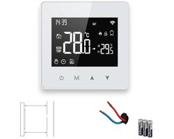 Slimme Wifi Opbouw Thermostaat met tiptoetsen | 3x AAA of USB-C voeding | geschikt voor 2-draads aansluiting | C.V. Installatie | Boiler | Wit | Tuya