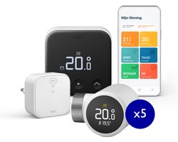tado° Slimme Thermostaat X Bundel - Starterskit - Smart Thermostaat - incl. Matter Bridge & 5 Radiatorknoppen- Bedrade variant - werkt met Google Home, Alexa & Apple Homekit - Zwart/Wit