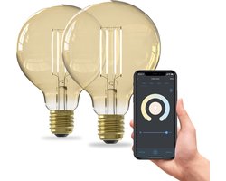 Calex Slimme Lamp - Set van 2 stuks - Wifi LED Filament Verlichting - Globe 9,5cm - E27 - Smart Bulb Goud - Dimbaar - Warm Wit licht - 7W