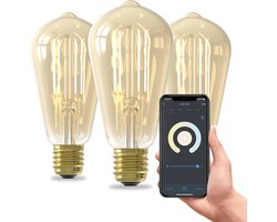 Calex Slimme Lamp - Set van 3 stuks - Wifi LED Filament Verlichting - E27 - Rustiek Smart Lichtbron Goud - Dimbaar - Warm Wit licht - 7W