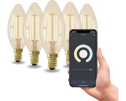 Calex Slimme Lamp - Set van 5 stuks - Wifi LED Filament Verlichting - E14 - Smart Kaars Lichtbron Goud - Dimbaar - Warm Wit licht - 4,9W