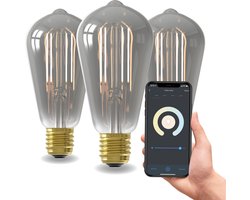 Calex Slimme Lamp - Wifi LED Filament Verlichting - Set van 3 Stuks - E27 - Rustiek Smart Bulb Titanium - Dimbaar - Warm Wit licht - 7W