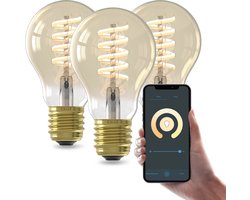 Calex Slimme LED Lamp - Set van 3 stuks - E27 - Wifi Verlichting - Spiraal Filament - A60 - Smart Lichtbron Goud - Dimbaar - Warm Wit licht - 7W