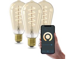 Calex Slimme LED Lamp - Set van 3 stuks - E27 - Wifi Verlichting - Spiraal Filament - ST64 - Smart Lichtbron Goud - Dimbaar - Warm Wit licht - 7W