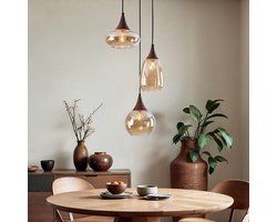 Hanglamp met amber glas en donkere houtoptiek, 3-lichts - Loua