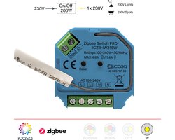 icasa Zigbee 3.0 Smart Switch PRO inbouw | 230V-200/400W | 2 Draads (Heeft GEEN nuldraad nodig) | Compatible met Zigbee 3.0 Gateway | werkt met Hue Ⓡ, IKEA Home smart Ⓡ