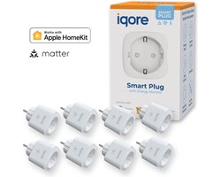 Iqore® Slimme stekker - Voor APPLE HOMEKIT zonder HUB - incl. MATTER ondersteuning - 16A - Energiemeter - Stekker met timer - Smart plug - WiFi schakelaar - Tijdschakelaar - Smartplug - Tussenstekker - Siri - Google Home, Spraakgestuurd - 8 stuks