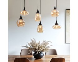 LumenXL - Zwarte hanglamp Loic - amber glas - 6-lichts - E14