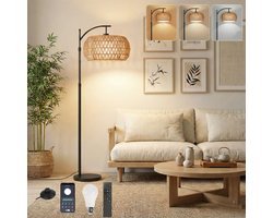 MUPOO Boho Rotan Kap vloerlamp met 360° draaibare arm- Hoogte Verstelbaar Staande Lamp met 3-in-1 Design & Traploos Dimbaar - Sfeerverlichting Woonkamer & Kantoor