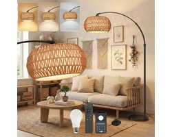 MUPOO Boho vloerlamp Booglamp met Rotan Kap met 360° draaibare arm & Marmeren voet- Hoogte Verstelbaar Staande Lamp met 3-in-1 Design & Traploos Dimbaar - Sfeerverlichting Woonkamer & Kantoor