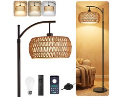 MUPOO LED Leeslamp - Boho Vloerlamp - 175CM Staande lamp Slaapkamer - Rotan & Stoffen Lampenkap - met E27 lichtbron - 3 kleurtemperaturen - Traploos dimbaar - met afstandsbediening & APP & Voetschakelaar