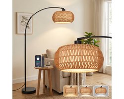 MUPOO Rotan Vloerlamp - Boho Leeslamp Woonkamer - E27 Staande lamp - met afstandsbediening - Stoffen Lampenkap - Dimbaar - 185cm - voor gebruik in slaapkamers