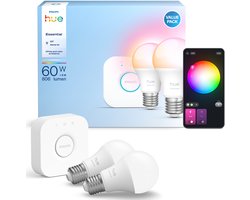 Philips Hue Essential starterkit, wit en gekleurd licht, 1 Bridge, 2 lampen A60 E27