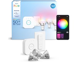Philips Hue Essential starterkit, wit en gekleurd licht, 1 Bridge, 3 GU10-spots en dimmer switch