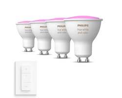 Philips Hue GU10 spot bundel 4 stuks - 350 Lumen - wit en gekleurd licht - 5,7W - Bluetooth - 1 Dimmer Switch - Dimbaar