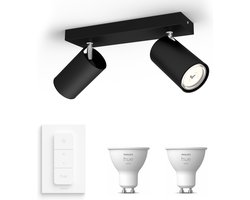 Philips Hue Kosipo Opbouwspot (Zwart) - Warmwit Licht - Incl. Hue Dimmer Switch - Plafondspot met 2 Lichtpunten - GU10 - Hue White
