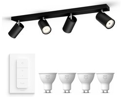 Philips Hue Kosipo Opbouwspot (Zwart) - Warmwit Licht - Incl. Hue Dimmer Switch - Plafondspot met 4 Lichtpunten - GU10 - Hue White