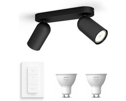 Philips Hue Pongee Opbouwspot (Zwart) - Warmwit Licht - Incl. Hue Dimmer Switch - Plafondspot met 2 Lichtpunten - GU10 - Hue White