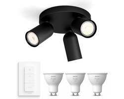Philips Hue Pongee Opbouwspot (Zwart) - Warmwit Licht - Incl. Hue Dimmer Switch - Plafondspot met 3 Lichtpunten - GU10 - Hue White