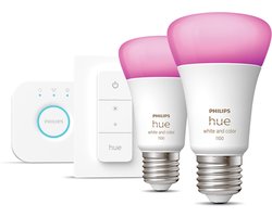 Philips Hue starterspakket E27 Lichtbron met Bridge en 1 x Dimmer Switch - White and Color Ambiance - 2 x 9W - Bluetooth