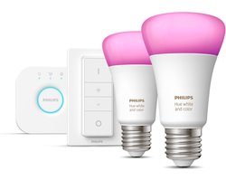 Philips Hue Starterspakket E27 Lichtbron met Bridge en Dimmer Switch - White and Color Ambiance - 2 x 9W - Bluetooth