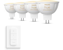 Philips Hue Voordeelpakket - GU5.3 - met 4 Spotjes (MR16) - 12V - Warm tot Koelwit Licht - Incl. 1 Hue Dimmer Switch - Hue White Ambiance