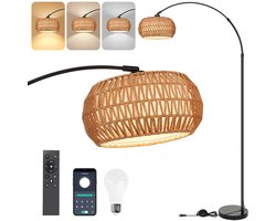 Rosnek Rotan Vloerlamp Bohemen Booglamp - Dimbare LED Staande Lamp met Afstandsbediening & App - 3 Kleurtemperaturen, 360° Draaibaar voor Woonkamer, Slaapkamer, Kantoor(Basis met marmerpatroon)