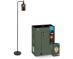 Varin® Design Vloerlamp met Smoke glas - Zwart - incl. E27 LED Filament - Warm wit instelbaar - Dimbaar - Tuya wifi - Smart lamp - Slimme staande lampen - Vloerlamp woonkamer - Staande lamp - Modern industrieel - Design vloerlampen - Sfeerlamp