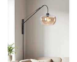 Wandlamp Dasha zwart met draaibare, uitschuifbare arm en amber glas