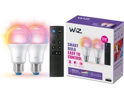 WiZ Lamp 2-pack + Afstandsbediening - Gekleurd en Wit Licht - Slimme LED Verlichting - E27 fitting - 60W - Mat - Wi-Fi