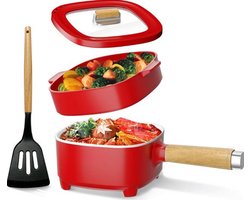 Coopi – Elektrische Hot Pot – Keramische Anti-aanbaklaag, Draagbare Multicooker (2L) met Stoomfunctie, Rood – 350W/800W voor Bakken, Koken & Braden