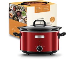 DYNA® Slowcooker met Timer - Crockpot - Stoompot - RVS - Inclusief Warmhoudfunctie - Rood - 30cm x 22cm x 30cm
