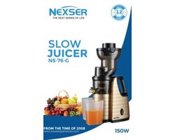 Nexser 150W Slow Juicer – Professionele Langzame Juicer met Grote Vulopening – RVS Mes & Zelfreinigend – Goud