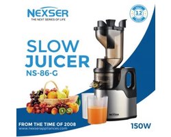 Nexser 150W Slow Juicer – Professionele Langzame Juicer met Grote Vulopening – RVS Mes & Zelfreinigend – Zilver