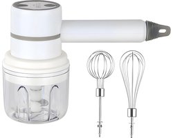 2-in-1 multifunctionele draadloze elektrische keukenmachine en handmixer voor vlees, kruiden, fruit en groente, USB-oplaadbaar, wit