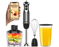 Kitchello - Staafmixer - 5-in-1 - Staafmixer Set - Met Hakmolen, Garde, Maatbeker - 1000 Watt - Met Accessoires - Soepmaker - Handmixer - Blender - 21 Snelheden - Turbo Functie - Zwart - RVS - Incl. Ebook
