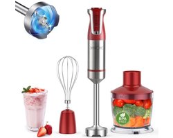 Royalty Line® ESMS800 Staafmixer - 3 in 1 Staafmixer Set met Hakmolen & Garde - 800W - BPA Vrij - Handmixer - 20 Snelheden - Krachtig & Snel Staafmixers - RVS - Rood