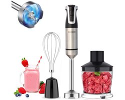 Royalty Line® ESMS800 Staafmixer Set - 3 in 1 Staafmixer - 800W - Hakmolen - Garde - Mixer Met 20 Snelheidsinstellingen + Turbo - RVS / Zwart