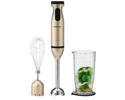 SILVERCREST® Staafmixerset 600 W - Snelheidsniveaus: traploos instelbaar - Turbofunctie: voor krachtig pulseren - 700 ml Maatbeker - Set: staafmixer, mixvoet, garde, maatbeker met deksel - Inclusief 5 inspirerende receptideeën - Champagnekleurig