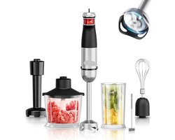 Staafmixer - 6-in-1 - 1200W - Handblender - Elektrisch - Roestvrijstalen Messen - Opzetstukken voor Kloppen - Hakken en Pureren - Foodprocessor - 18,000RPM - Zwart