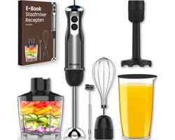 Staafmixer set - 7-in-1 - 1000W - 21 Snelheden en Turbo - met Hakmolen, Garde, Melkopschuimer, Pureerstaaf en Maatbeker - Soepmaker, Mixer Staafmixer - RVS - Zwart - Incl. Ebook - Kitchello