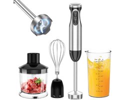 TIM® Staafmixer Set - 4-in-1 Handmixer 1000Watt - Hakmolen Roestvrij Staal – Handblender met Turbo – Professionele Hakmolens 240V – Staafmixer 1000 watt - Staafmixers - Zwart - 10cm x 10cm x 37cm
