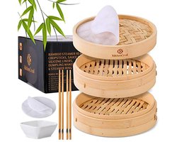 2-Tier 10-Inch Bamboo Steamer for Dumplings and Vegetables