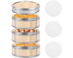 3-Delige Bamboe Stoompan Set met Deksel en Siliconen Matten - 20 cm
