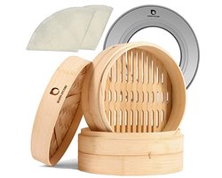 Bamboe Stoomboot Mand met RVS Stoomring Set - 2-Tier Dumpling Steamer voor Dim Sum en Bao Bun