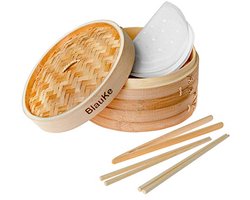 Bamboe Stoommandje 25cm met 2-Laags Manden en Deksel - Herbruikbare Eetstokjes, Tang en Papier