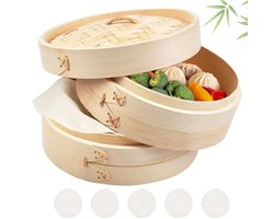 Bamboestomer 20 cm - 2-Tier Stomer voor Rijst, Dim Sum, Groenten, Vis en Vlees - Dumpling Maker met 5 Katoenen Doeken
